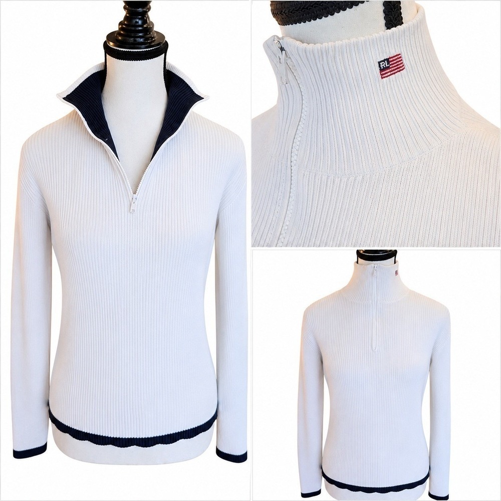 ViTG Y2K Polo Jeans Co Ralph Lauren 1/4 Zip Mock Neck Ribbed Sweater M Flag Knit